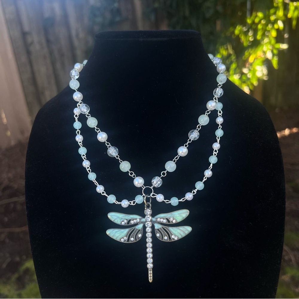 Elegant Dragonfly Pendant Necklace with Silver and Green Beads
